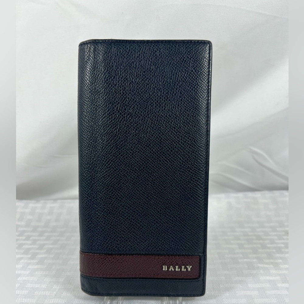 1020: Bally Navy Burgundy Crossgrain Leather Long Wallet